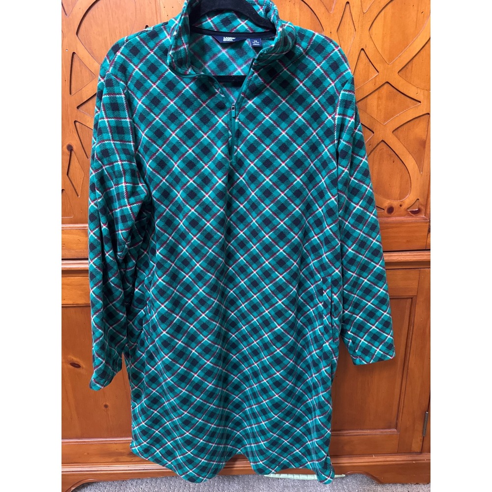 Lands End W 1X Green Plaid Fleece Quarter Zip Tunic Pockets Mock Neck Pullover